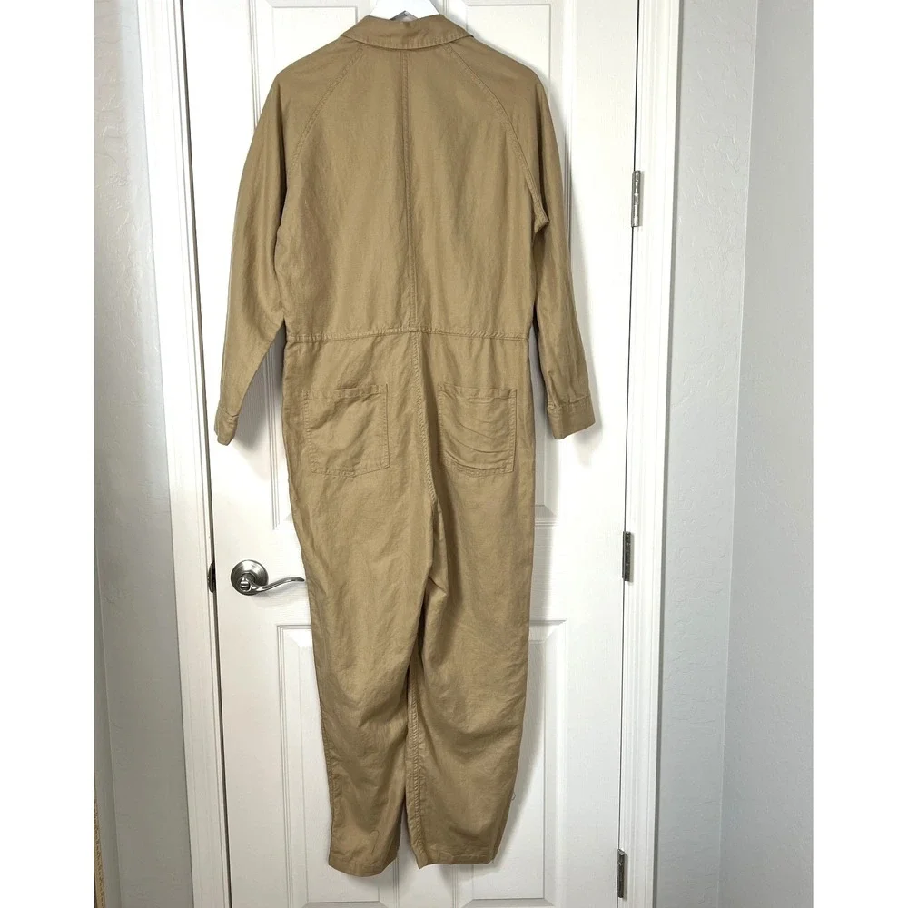 QUINCE Organic Cotton Linen Twill Jumpsuit Women L Long Sleeve Camel Sustainable
